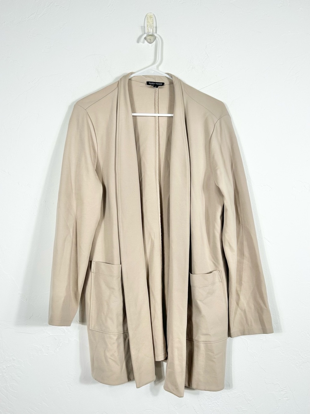 Eileen Fisher Washable Flex Ponte High Collar Jacket Neutral Beige Cardigan